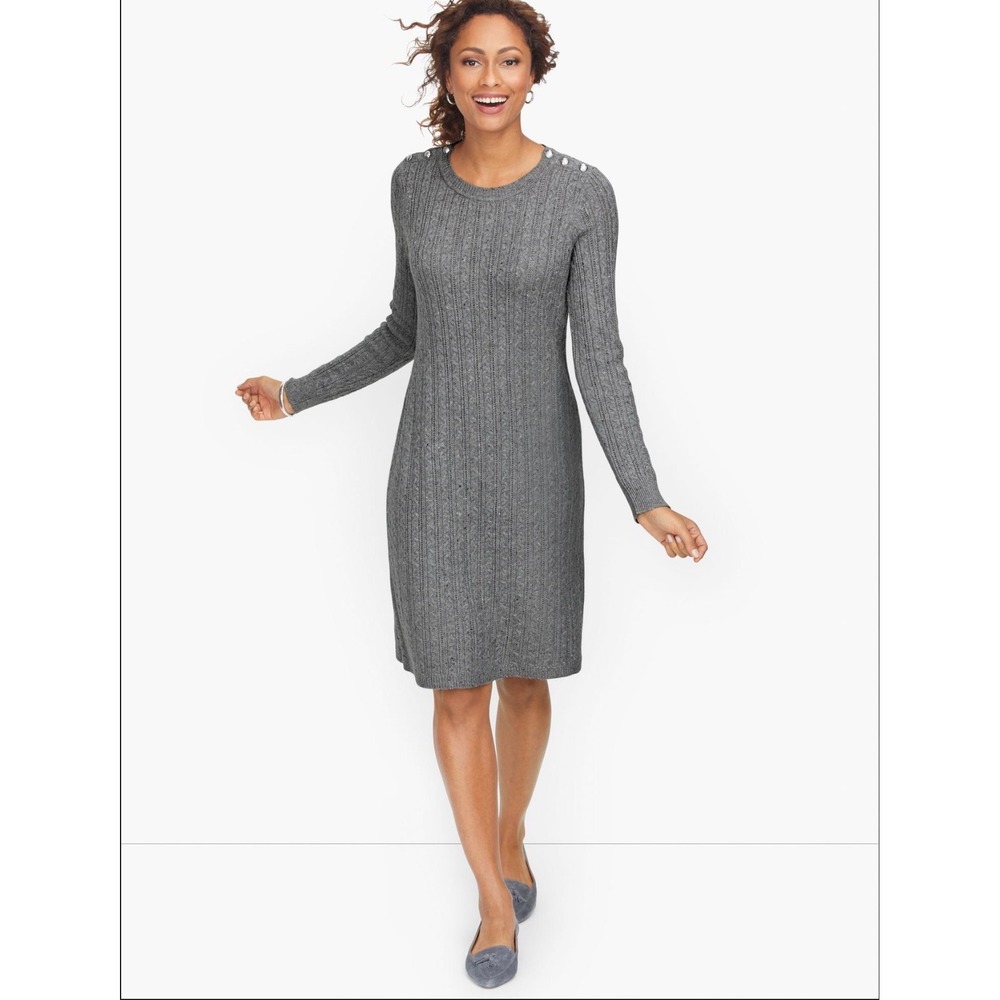 Talbots Cable Knit‎ Button Shoulder Sweater Dress XL Gray Long Sleeve Midi